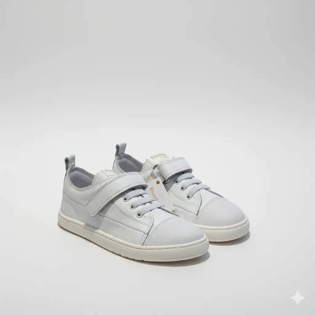 Blanditos Ancla Blanco, sabates escolars barefoot infantils amb pell natural, velcro, puntera ampla i sola flexible zero drop.