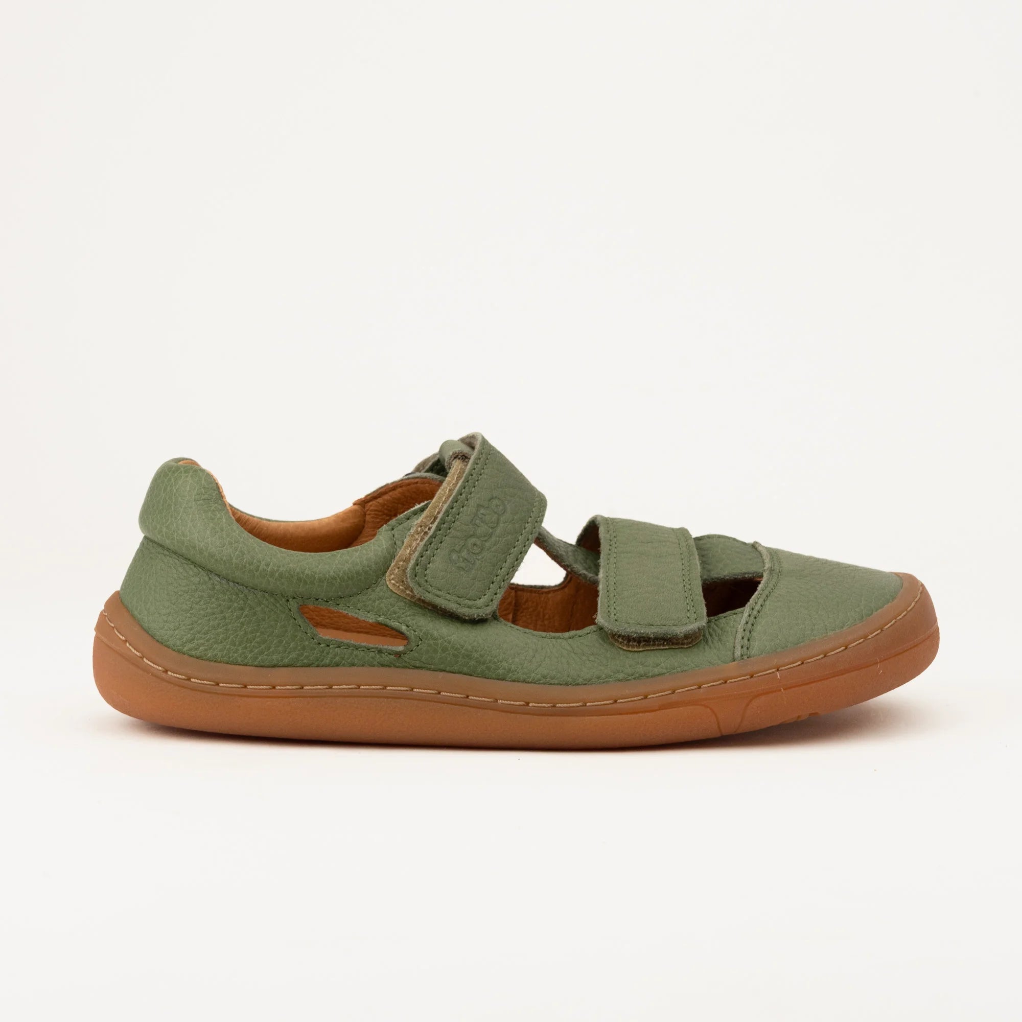 Sandàlia barefoot infantil Froddo verda amb doble velcro, pell natural i sola flexible zero drop.