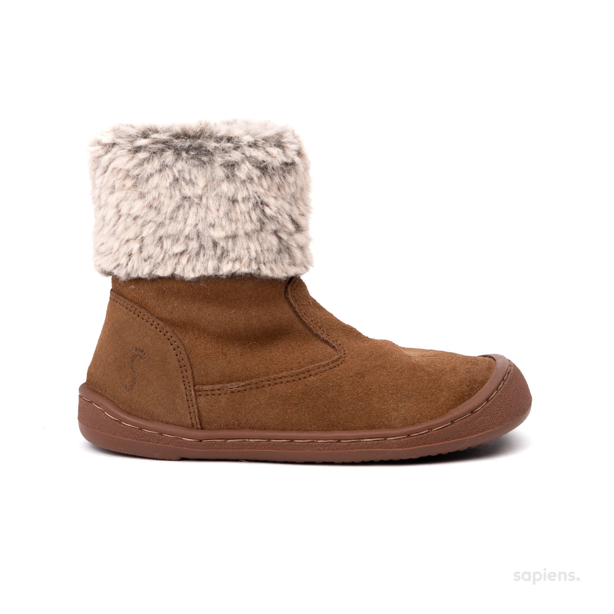 Bota barefoot infantil Flexinens marró amb detall de pèl, sola flexible i puntera ampla.