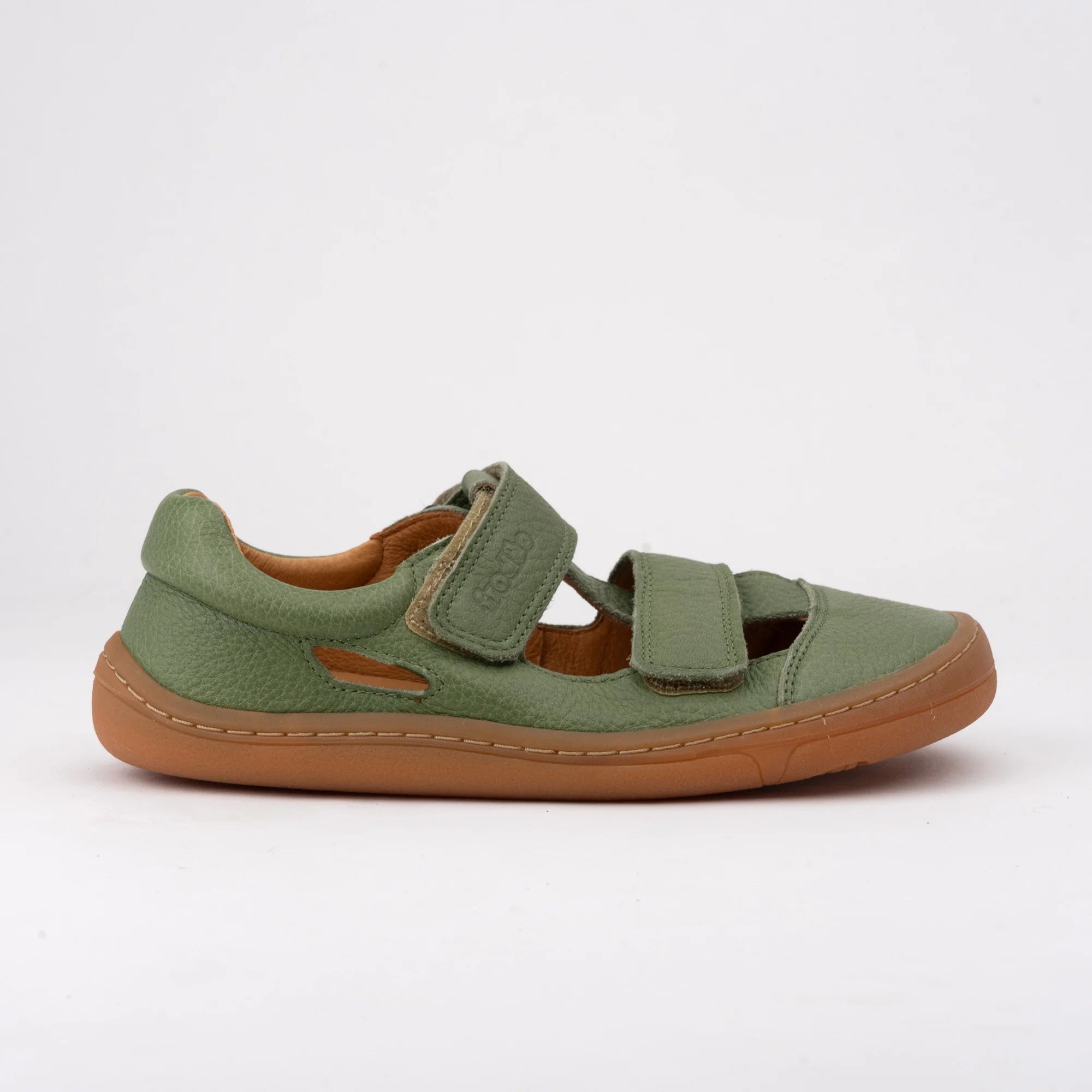 Sandàlia barefoot infantil Froddo verda amb doble velcro, pell natural i sola flexible zero drop.